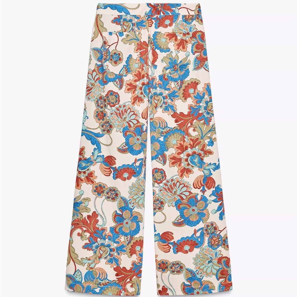Zara Zw Collection Floral Mini Flare Pants, Sz L, New